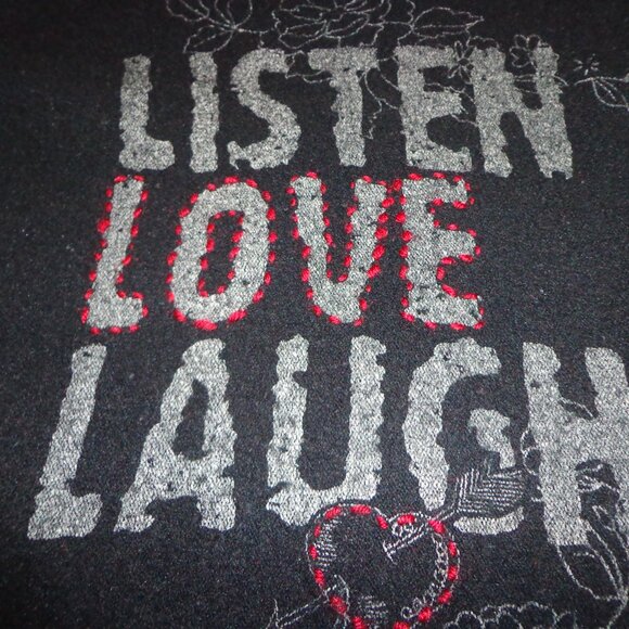 prAna Listen Love Laugh BOHO Knit Sweater M Black Raglan Raw Seams Graphics - Picture 2 of 15